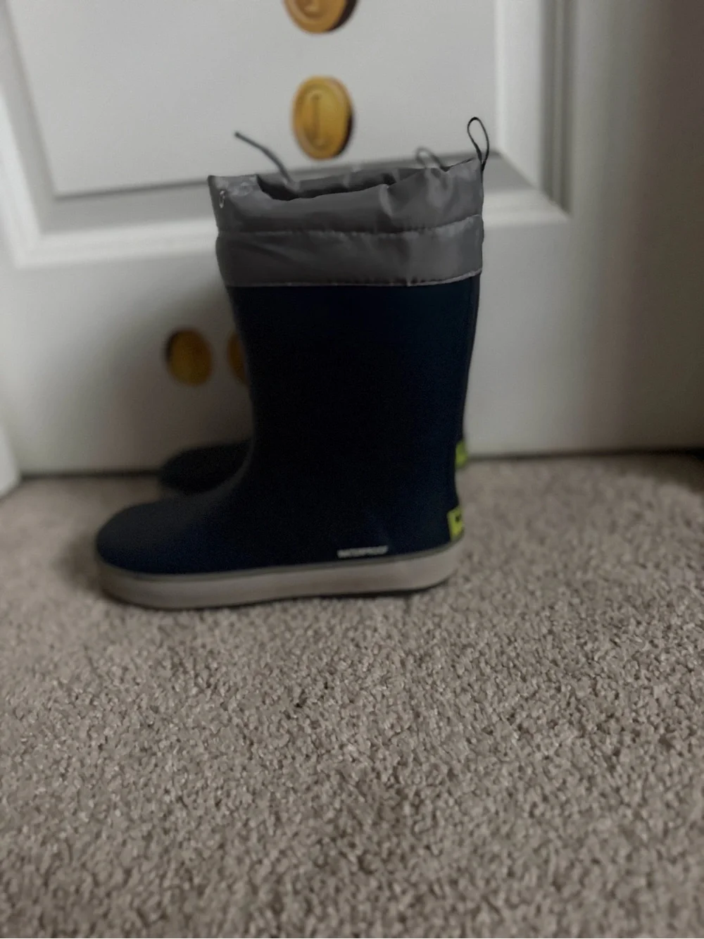 Kids Navy and Gray Waterproof Rain Boots one lace is missing